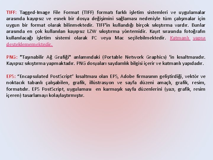 TIFF: Tagged Image File Format (TIFF) formatı farklı işletim sistemleri ve uygulamalar arasında kayıpsız