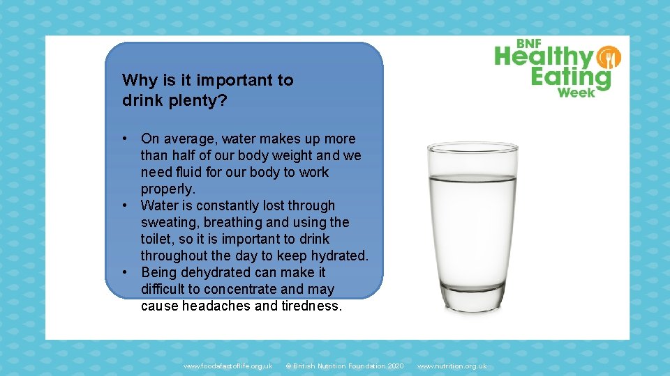 Why is it important to drink plenty? • On average, water makes up more