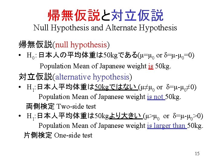 帰無仮説と対立仮説 Null Hypothesis and Alternate Hypothesis 帰無仮説(null hypothesis) • H 0：日本人の平均体重は 50 kgである(μ=μ 0