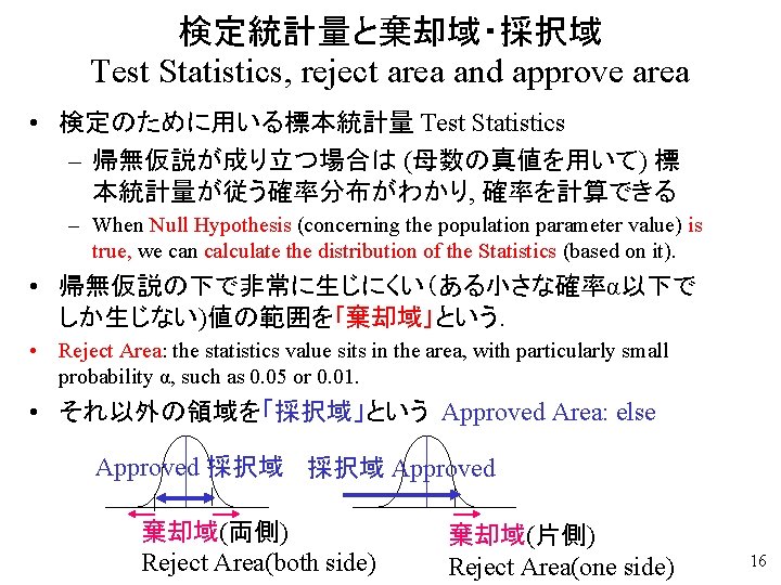 検定統計量と棄却域・採択域 Test Statistics, reject area and approve area • 検定のために用いる標本統計量 Test Statistics – 帰無仮説が成り立つ場合は