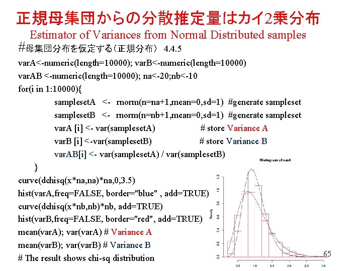 正規母集団からの分散推定量はカイ 2乗分布 Estimator of Variances from Normal Distributed samples #母集団分布を仮定する（正規分布）　4. 4. 5 var. A<-numeric(length=10000);