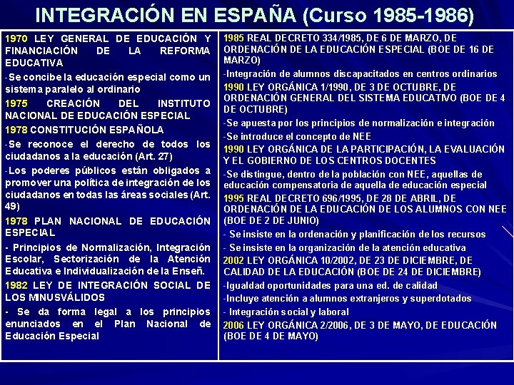 INTEGRACIÓN EN ESPAÑA (Curso 1985 -1986) 1970 LEY GENERAL DE EDUCACIÓN Y FINANCIACIÓN DE