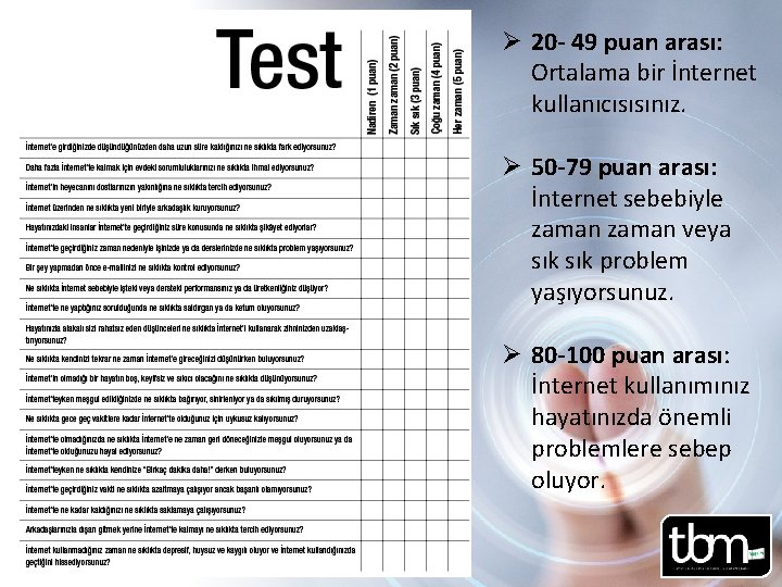 Ø 20 - 49 puan arası: Ortalama bir İnternet kullanıcısısınız. Ø 50 -79 puan