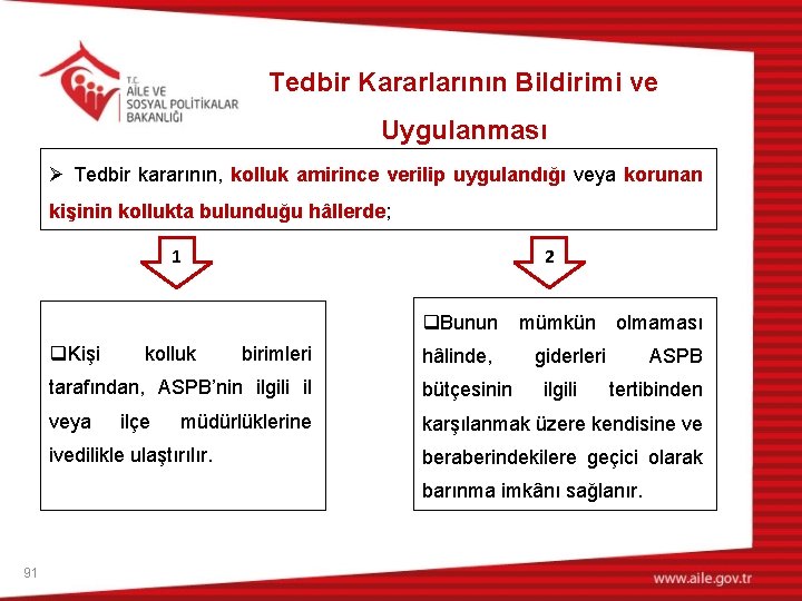 Tedbir Kararlarının Bildirimi ve Uygulanması Ø Tedbir kararının, kolluk amirince verilip uygulandığı veya korunan