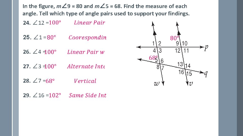 In the figure, m∠ 9 = 80 and m∠ 5 = 68. Find the