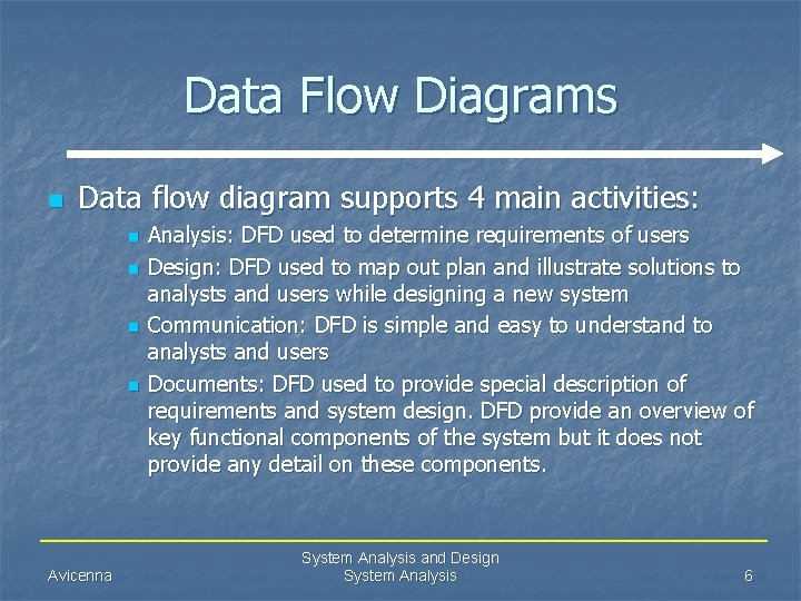 Data Flow Diagrams n Data flow diagram supports 4 main activities: n n Avicenna