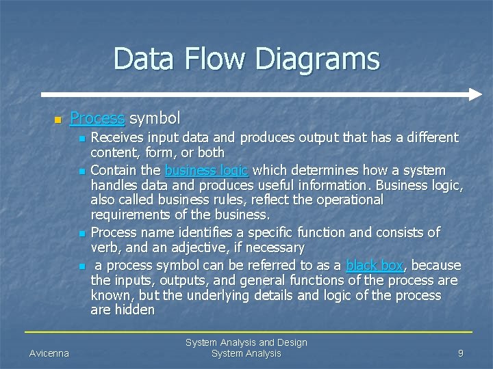 Data Flow Diagrams n Process symbol n n Avicenna Receives input data and produces