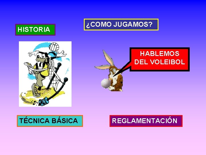 HISTORIA ¿COMO JUGAMOS? HABLEMOS DEL VOLEIBOL TÉCNICA BÁSICA REGLAMENTACIÓN 