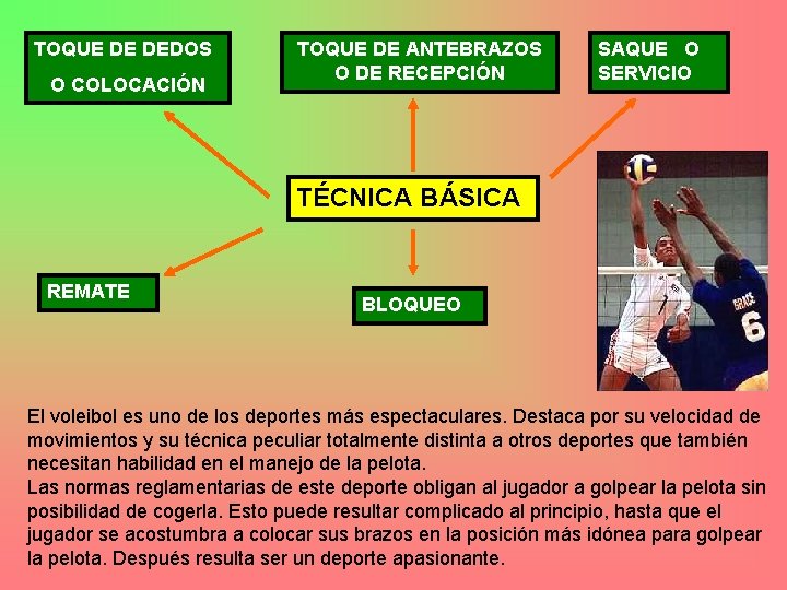 TOQUE DE DEDOS O COLOCACIÓN TOQUE DE ANTEBRAZOS O DE RECEPCIÓN SAQUE O SERVICIO