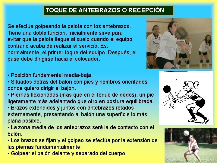 TOQUE DE ANTEBRAZOS O RECEPCIÓN Se efectúa golpeando la pelota con los antebrazos. Tiene