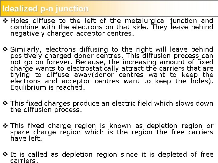 Idealized p-n junction v Holes diffuse to the left of the metalurgical junction and