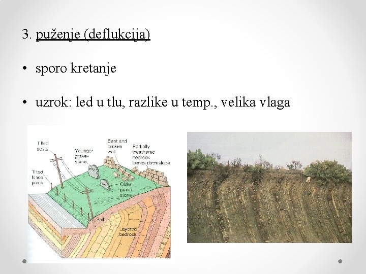3. puženje (deflukcija) • sporo kretanje • uzrok: led u tlu, razlike u temp.