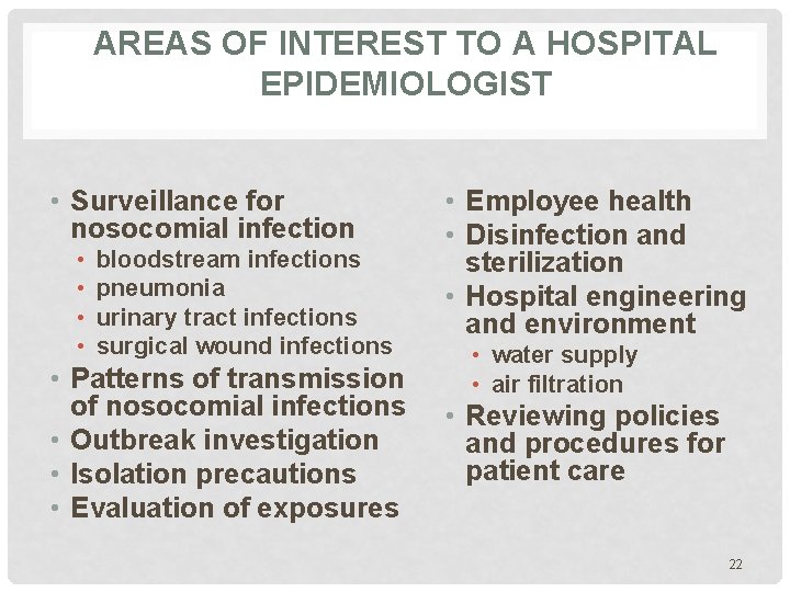 AREAS OF INTEREST TO A HOSPITAL EPIDEMIOLOGIST • Surveillance for nosocomial infection • •