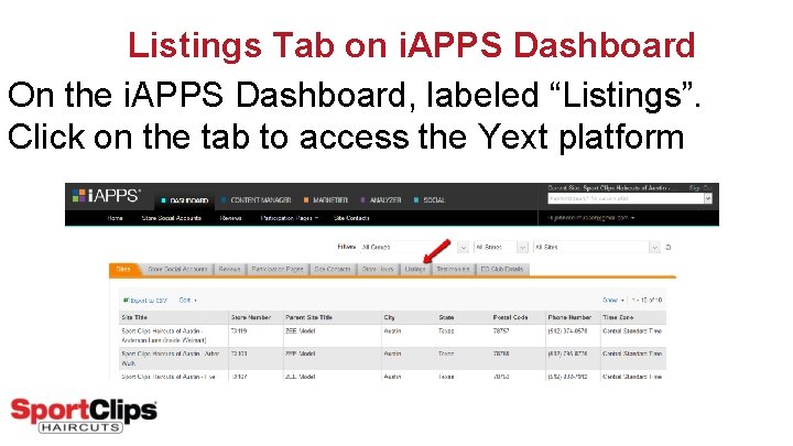 Listings Tab on i. APPS Dashboard On the i. APPS Dashboard, labeled “Listings”. Click