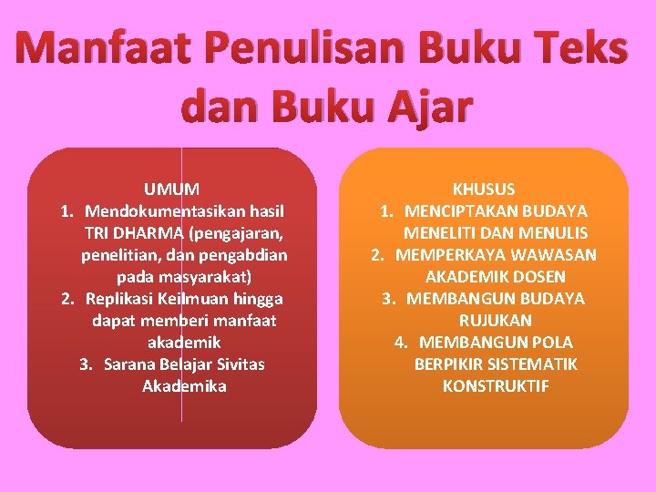 Manfaat Penulisan Buku Teks dan Buku Ajar UMUM 1. Mendokumentasikan hasil TRI DHARMA (pengajaran,