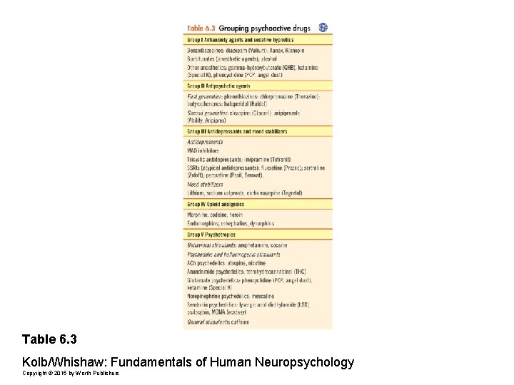 Table 6. 3 Kolb/Whishaw: Fundamentals of Human Neuropsychology Copyright © 2015 by Worth Publishers