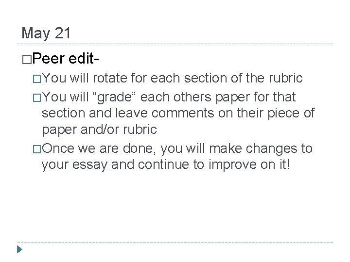 May 21 �Peer edit- �You will rotate for each section of the rubric �You