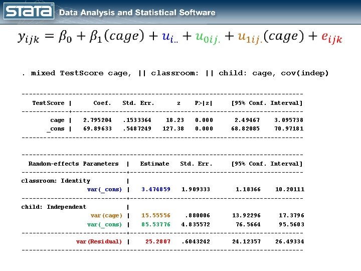  . mixed Test. Score cage, || classroom: || child: cage, cov(indep) ---------------------------------------Test. Score