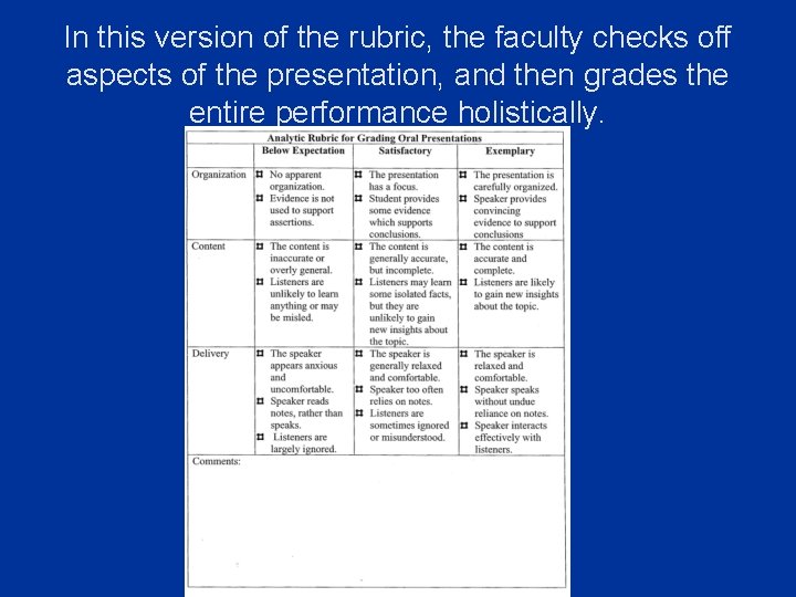 In this version of the rubric, the faculty checks off aspects of the presentation,