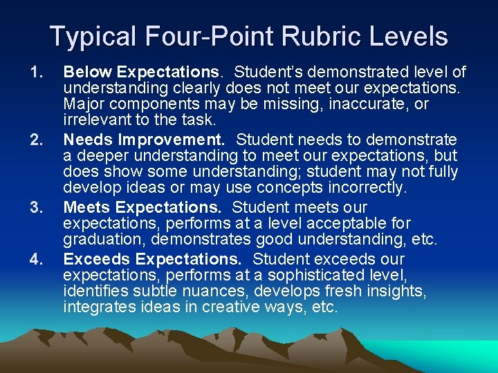 Typical Four-Point Rubric Levels 1. 2. 3. 4. Below Expectations. Student’s demonstrated level of