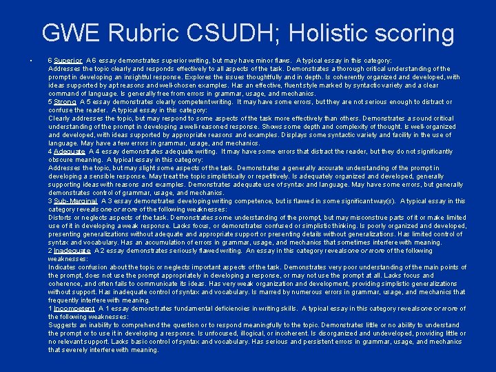 GWE Rubric CSUDH; Holistic scoring • 6 Superior A 6 essay demonstrates superior writing,