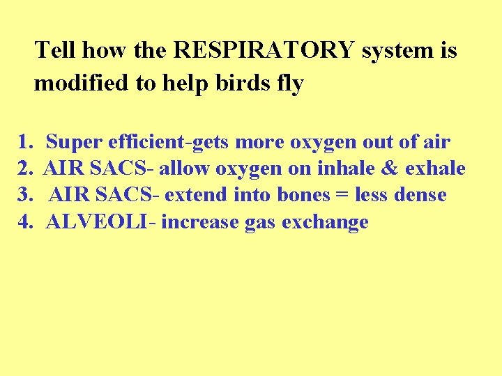 Tell how the RESPIRATORY system is modified to help birds fly 1. 2. 3.