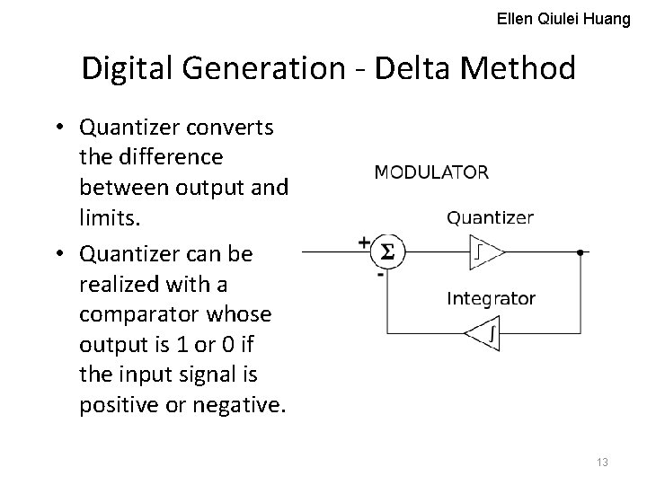 Ellen Qiulei Huang Digital Generation - Delta Method • Quantizer converts the difference between