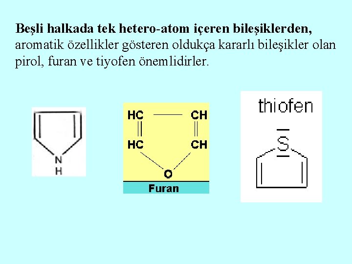 Beşli halkada tek hetero-atom içeren bileşiklerden, aromatik özellikler gösteren oldukça kararlı bileşikler olan pirol,