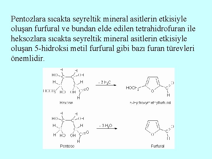 Pentozlara sıcakta seyreltik mineral asitlerin etkisiyle oluşan furfural ve bundan elde edilen tetrahidrofuran ile