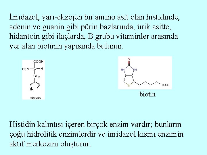 İmidazol, yarı-ekzojen bir amino asit olan histidinde, adenin ve guanin gibi pürin bazlarında, ürik