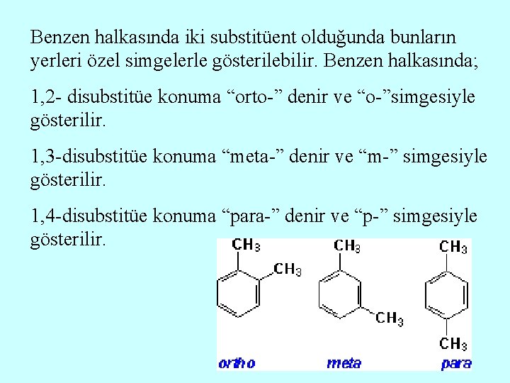 Benzen halkasında iki substitüent olduğunda bunların yerleri özel simgelerle gösterilebilir. Benzen halkasında; 1, 2