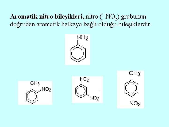 Aromatik nitro bileşikleri, nitro ( NO 2) grubunun doğrudan aromatik halkaya bağlı olduğu bileşiklerdir.