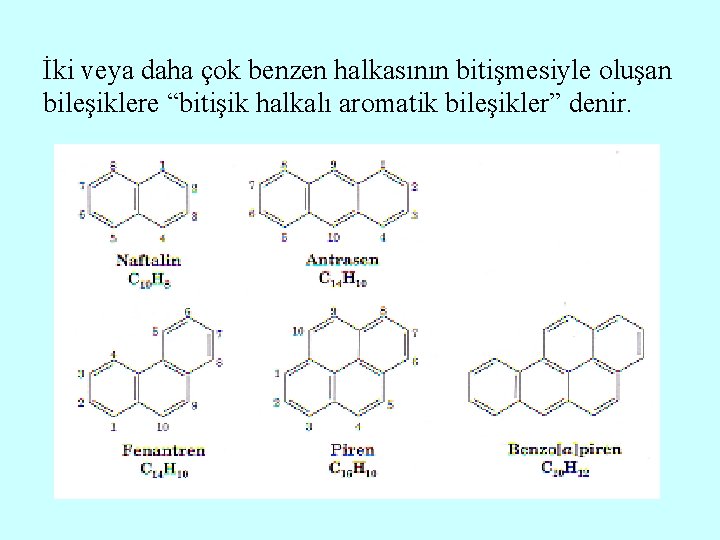 İki veya daha çok benzen halkasının bitişmesiyle oluşan bileşiklere “bitişik halkalı aromatik bileşikler” denir.