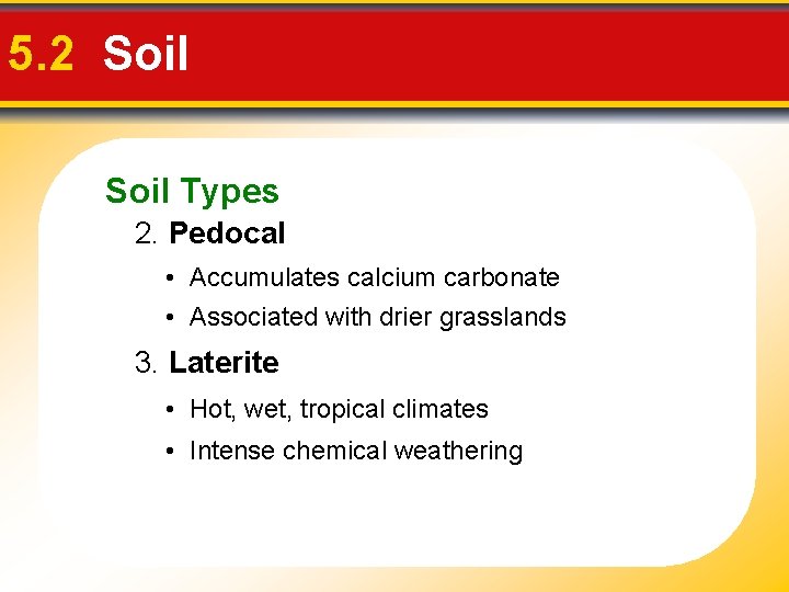 5. 2 Soil Types 2. Pedocal • Accumulates calcium carbonate • Associated with drier