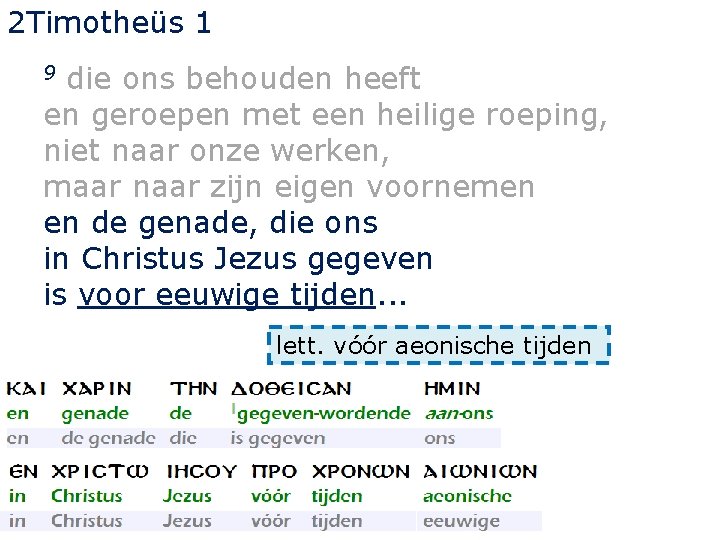 2 Timotheüs 1 die ons behouden heeft en geroepen met een heilige roeping, niet