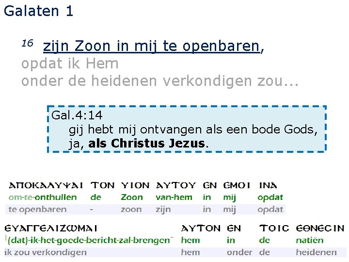 Galaten 1 zijn Zoon in mij te openbaren, opdat ik Hem onder de heidenen