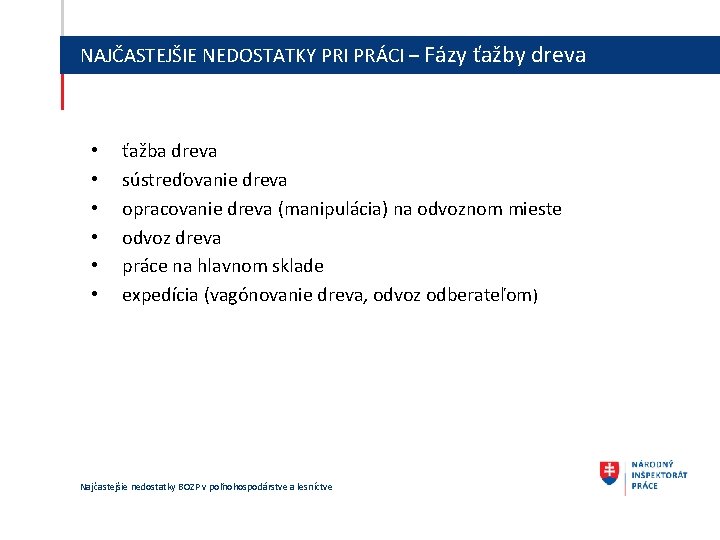 NAJČASTEJŠIE NEDOSTATKY PRI PRÁCI – Fázy ťažby dreva • • • ťažba dreva sústreďovanie