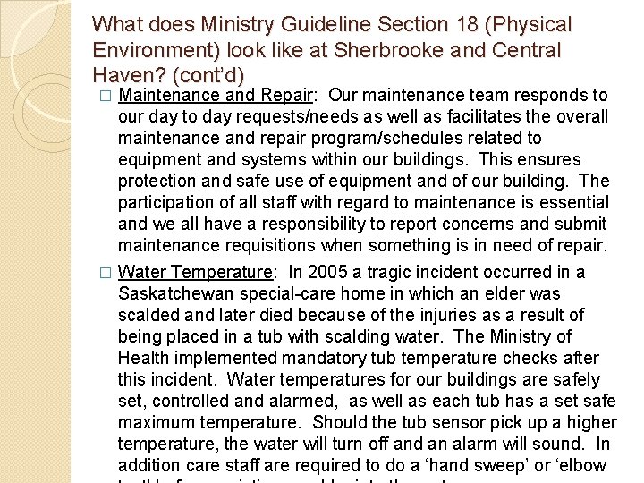 What does Ministry Guideline Section 18 (Physical Environment) look like at Sherbrooke and Central