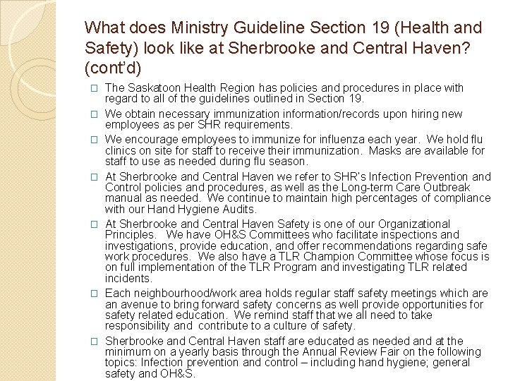What does Ministry Guideline Section 19 (Health and Safety) look like at Sherbrooke and