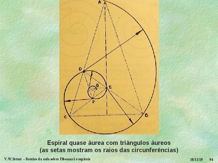 Espiral quase áurea com triângulos áureos (as setas mostram os raios das circunferências) V.