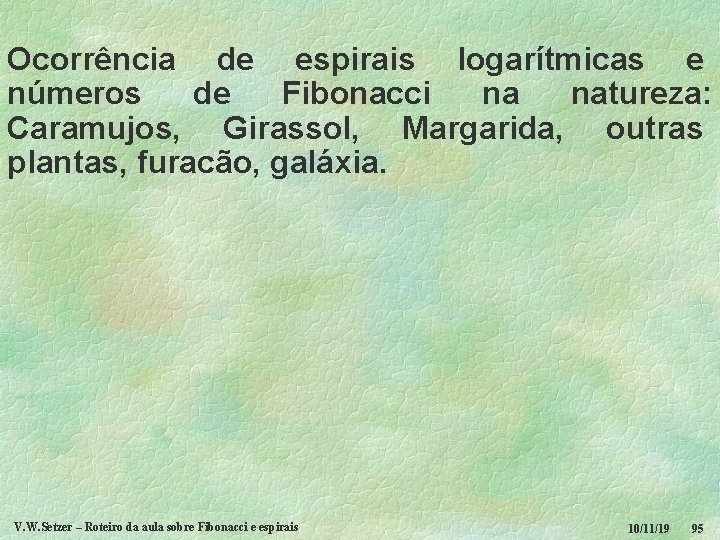 Ocorrência de espirais logarítmicas e números de Fibonacci na natureza: Caramujos, Girassol, Margarida, outras