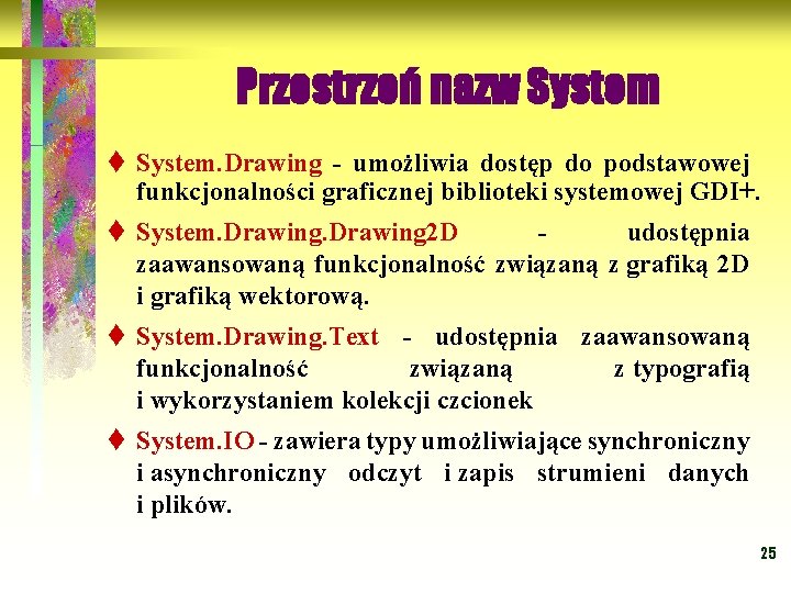 Przestrzeń nazw System t System. Drawing - umożliwia dostęp do podstawowej funkcjonalności graficznej biblioteki