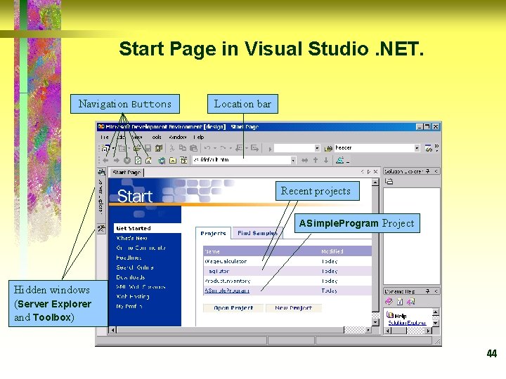 Start Page in Visual Studio. NET. Navigation Buttons Location bar Recent projects ASimple. Program