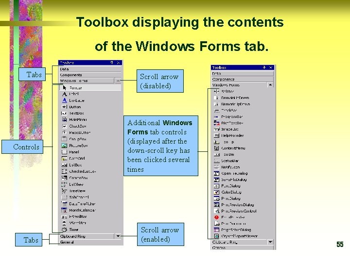 Toolbox displaying the contents of the Windows Forms tab. Tabs Controls Tabs Scroll arrow