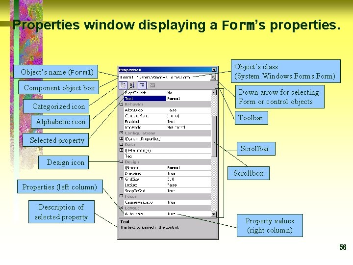 Properties window displaying a Form’s properties. Object’s name (Form 1) Component object box Categorized