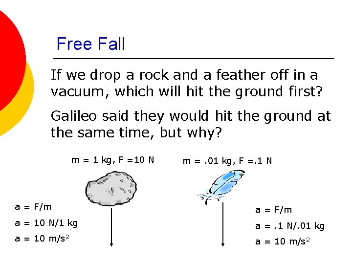 Free Fall If we drop a rock and a feather off in a vacuum,