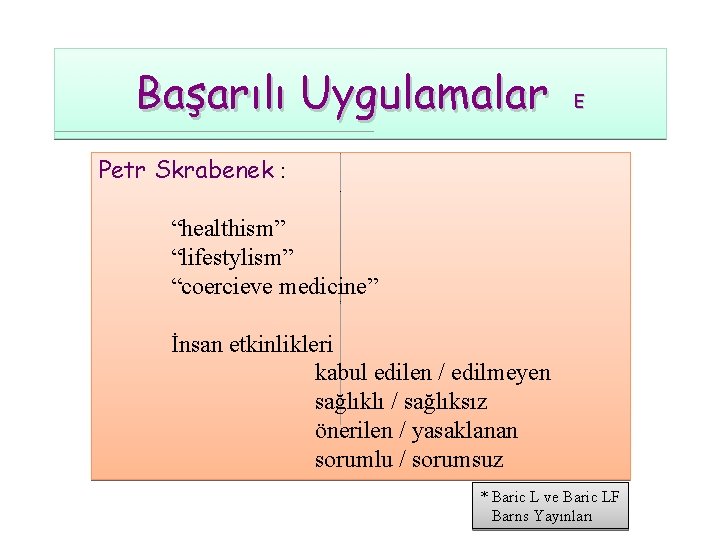 Başarılı Uygulamalar E Petr Skrabenek : “healthism” “lifestylism” “coercieve medicine” İnsan etkinlikleri kabul edilen