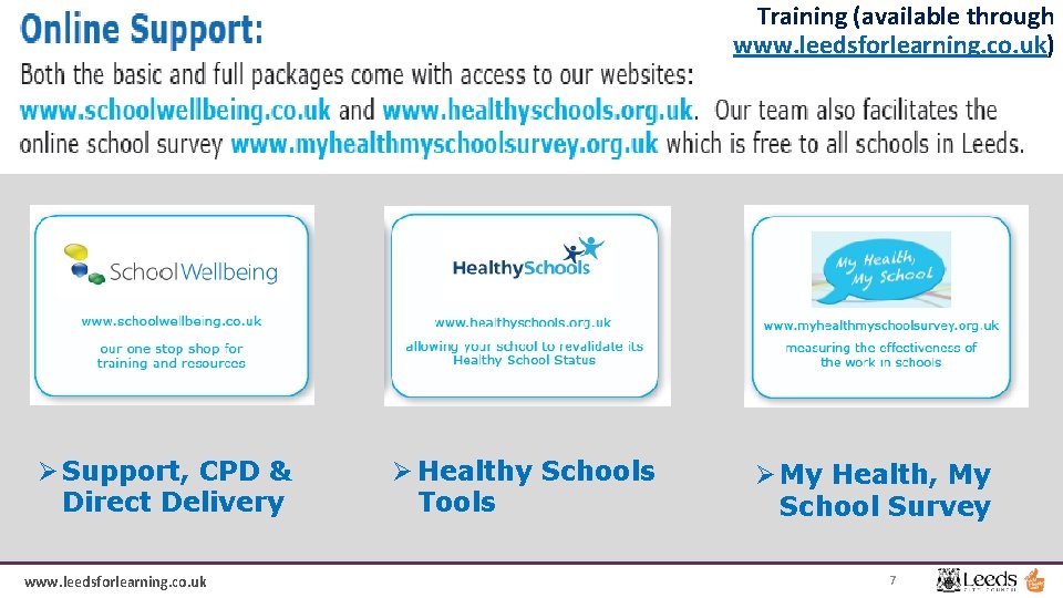 Training (available through Health and Wellbeing Service www. leedsforlearning. co. uk) Ø Support, CPD