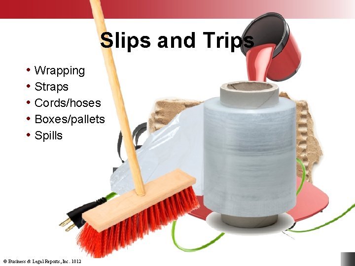 Slips and Trips • Wrapping • Straps • Cords/hoses • Boxes/pallets • Spills ©