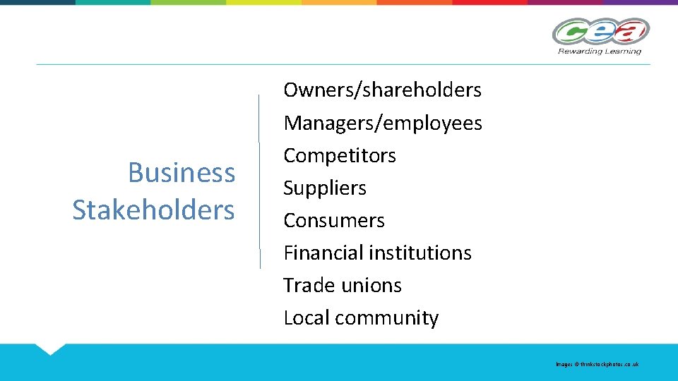Business Stakeholders Owners/shareholders Managers/employees Competitors Suppliers Consumers Financial institutions Trade unions Local community Images